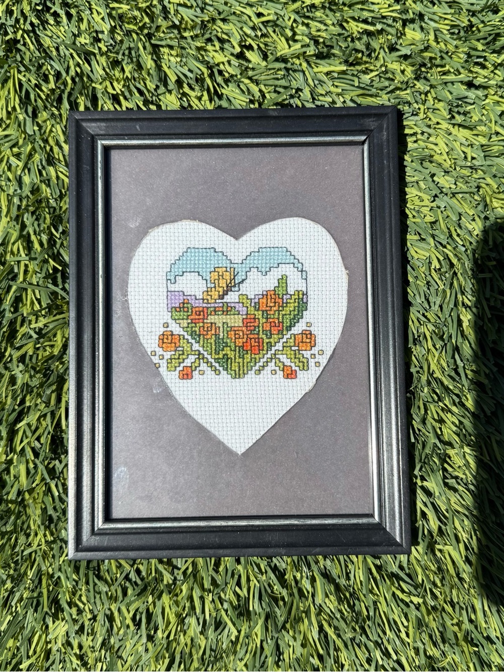 Vintage heart framed needlepoint- flowers- cottage farm vibes decor 8x6 frame